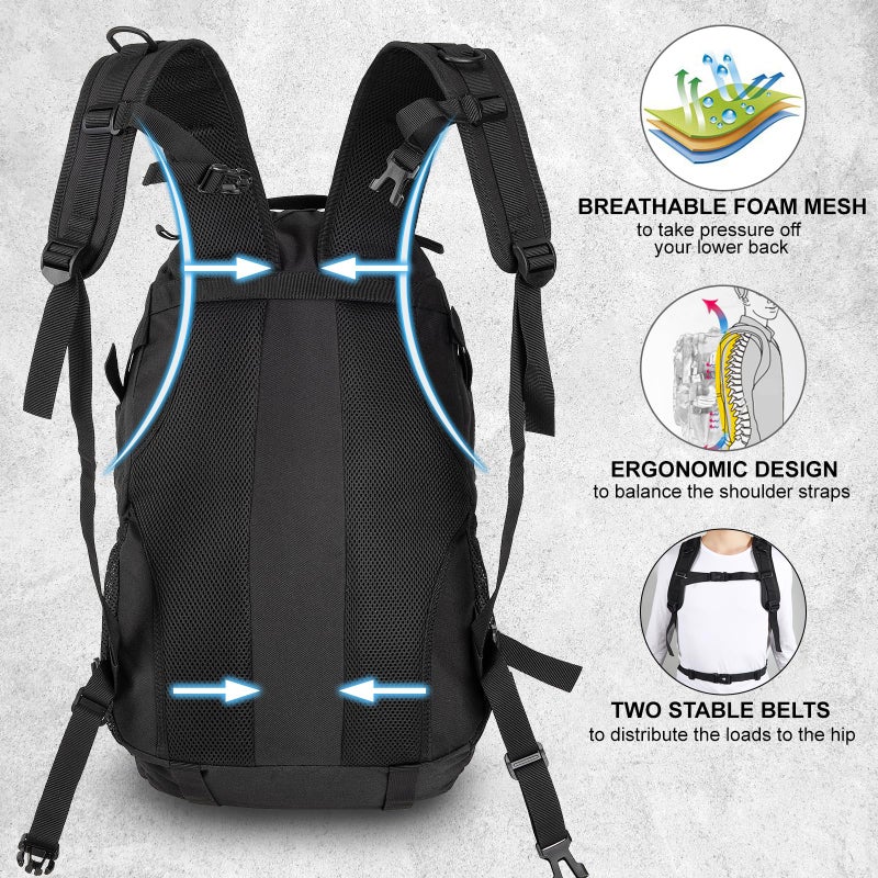 Jueachy حقيبة ظهر تكتيكية جويشاي للرجال للتنزه حقيبة يومية موللي حقيبة عسكرية مقاومة للماء سعة 30 لتر مع شارة علم الولايات المتحدة سوداء - Image 3